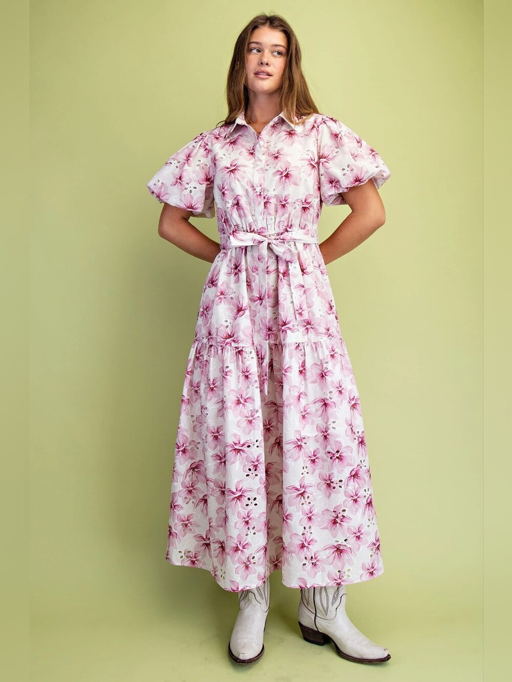 NWT Floral Eyelet Half Button Midi Shirt Dress  Size S/M/L